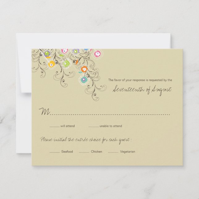 Colourful Groovy Flowers Garden Wedding RSVP Card (Front)