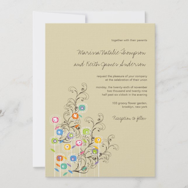 Colourful Groovy Flowers Garden Whimsical Wedding Invitation (Front)
