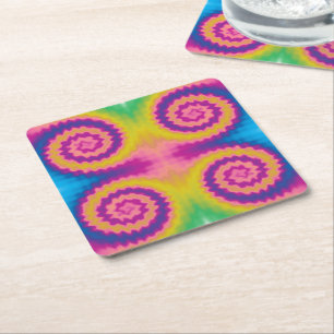 Colourful groovy funky retro tie dye pattern fun square paper coaster