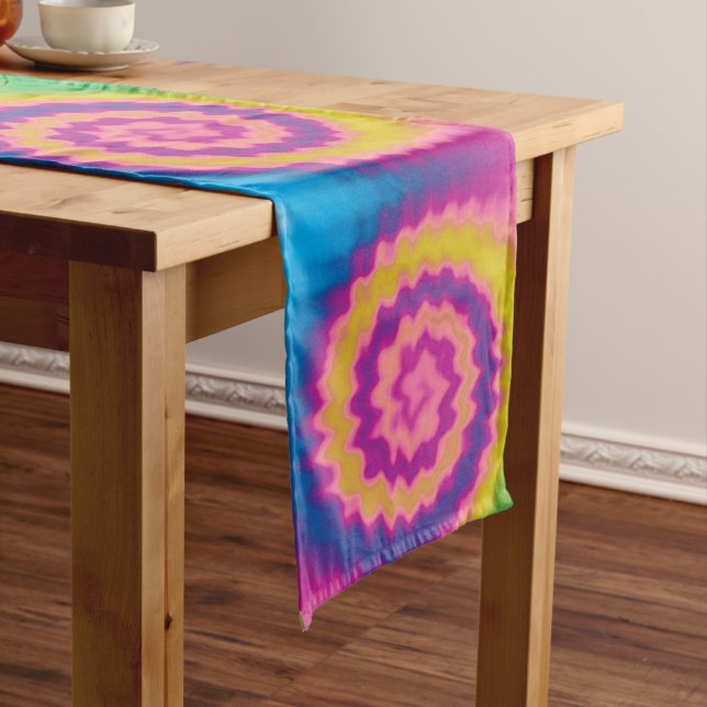 Colourful groovy funky retro tie dye pattern long table runner (In Situ)