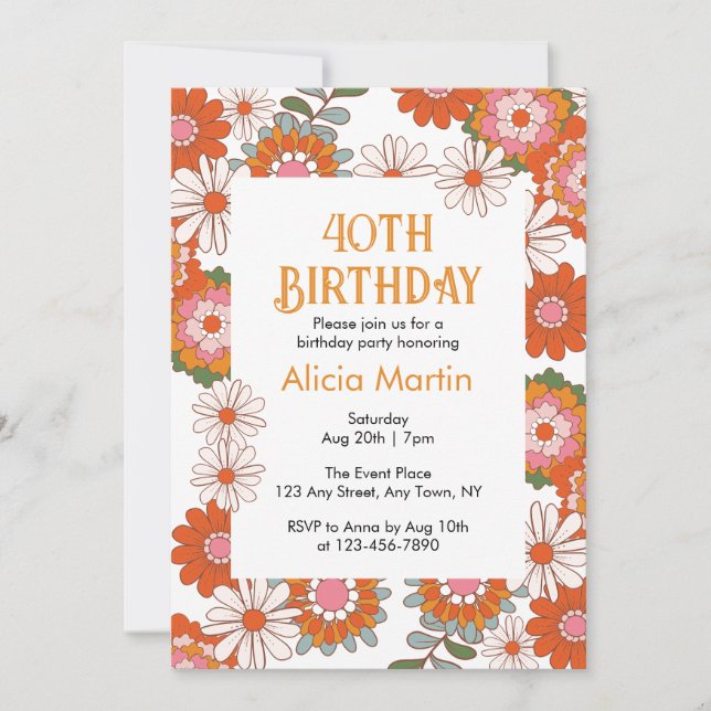 Colourful Groovy Hippie Flora & Leaf Birthday Invitation (Front)