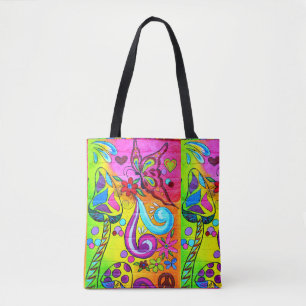 colourful groovy magic mushrooms tote bag