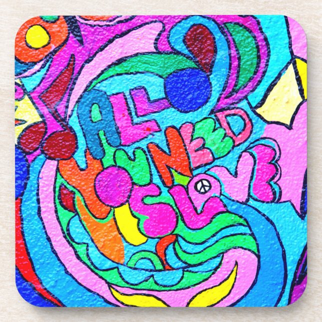 colourful groovy peace and love coaster (Front)