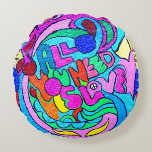 colourful groovy peace and love round cushion