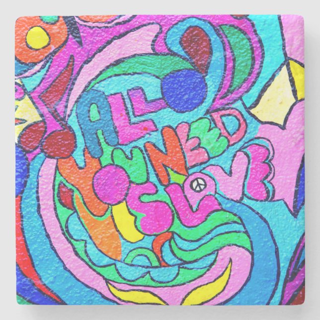 colourful groovy peace and love stone coaster (Front)