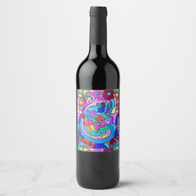 colourful groovy peace and love  wine label (Front)