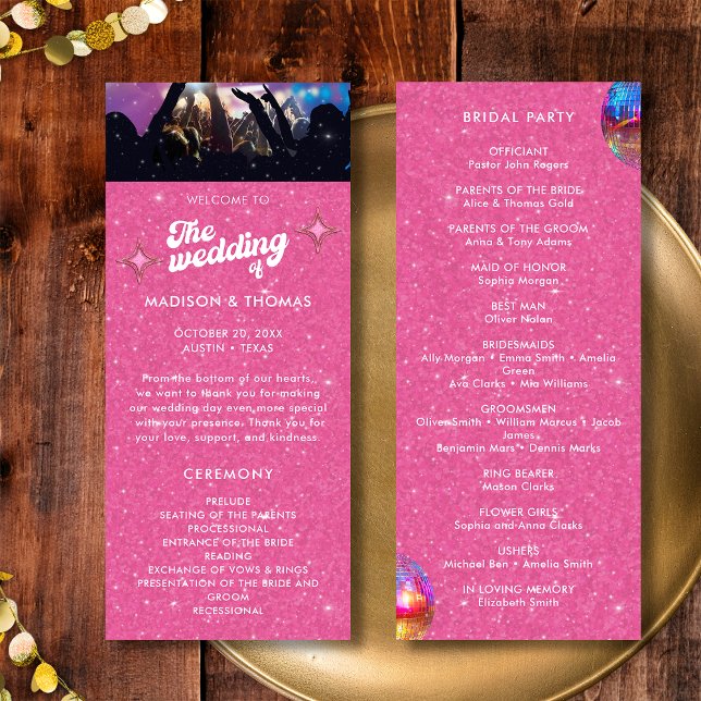 Colourful Groovy Pink Glitter Disco Ball Wedding Programme (Front / Back)