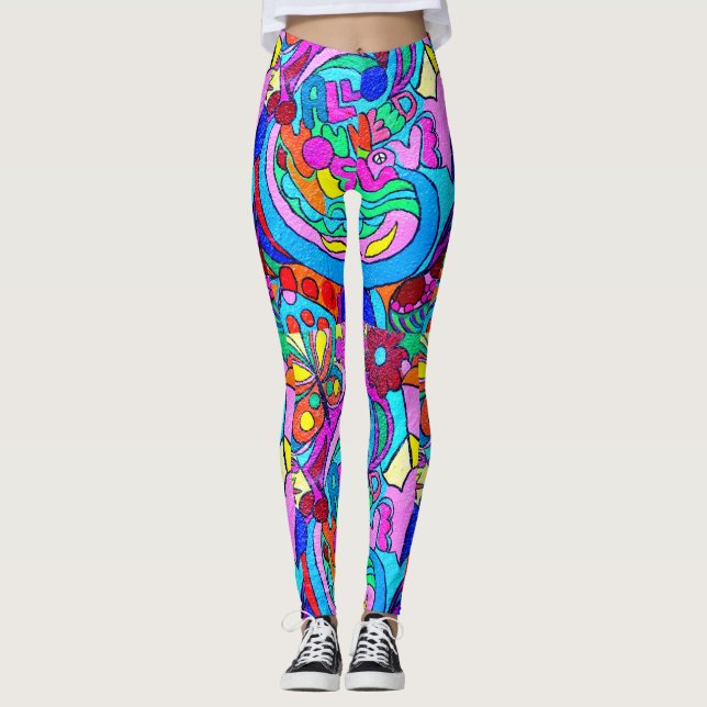 colourful groovy psychedelic love leggings (Front)