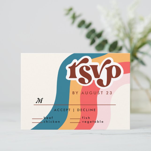 Colourful Groovy Retro 70s Wedding QR Code RSVP Card (Standing Front)