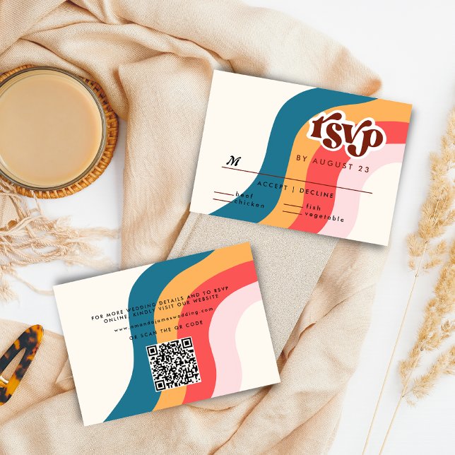Colourful Groovy Retro 70s Wedding RSVP QR Code Enclosure Card (Creator Uploaded)