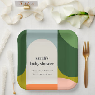 Colourful Groovy Retro Arch Abstract Baby Shower Paper Plate