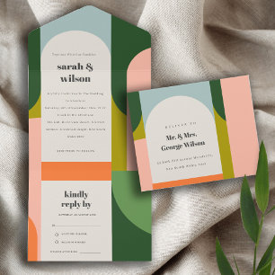 Colourful Groovy Retro Arch Abstract Bold Wedding All In One Invitation