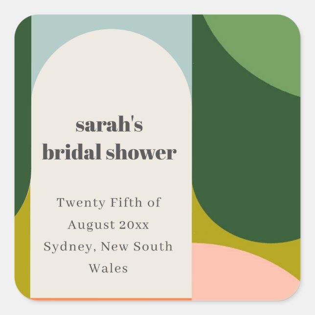 Colourful Groovy Retro Arch Abstract Bridal Shower Square Sticker (Front)