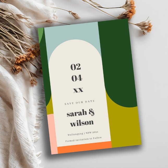 Colourful Groovy Retro Arch Abstract Save Our Date Invitation (Creator Uploaded)