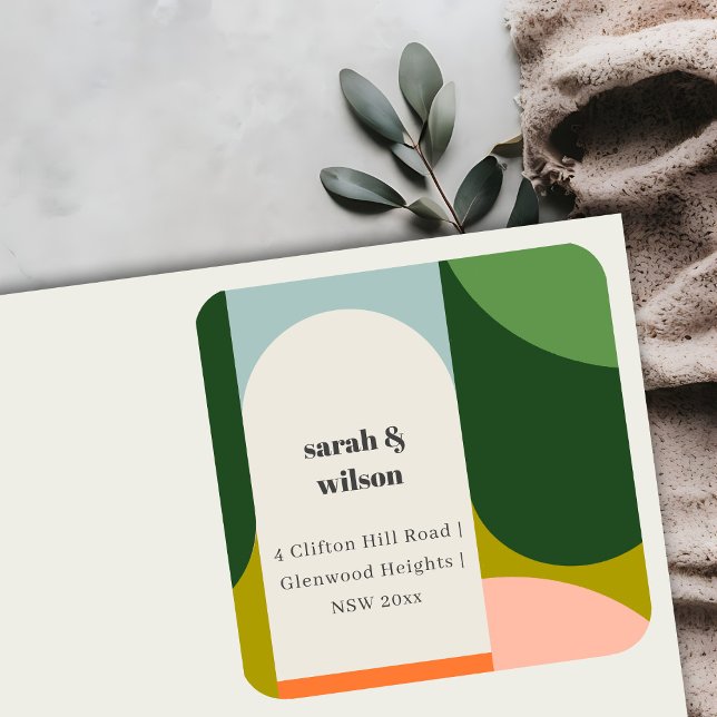 Colourful Groovy Retro Arch Bold Abstract Address Square Sticker (Creator Uploaded)