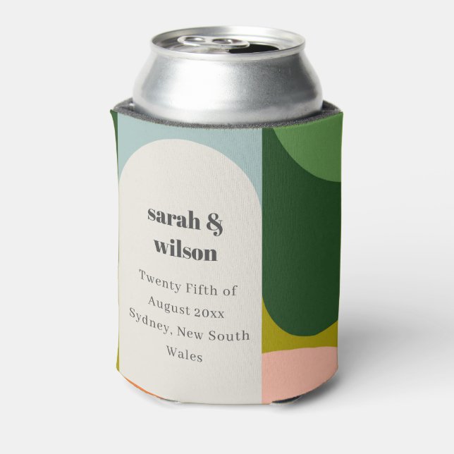 Colourful Groovy Retro Arch Bold Abstract Wedding Can Cooler (Can Back)
