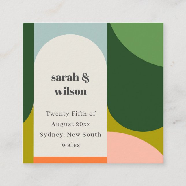 Colourful Groovy Retro Arch Bold Wedding Website Square Business Card (Front)