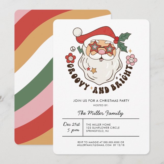Colourful Groovy Retro Christmas Party  Invitation (Front/Back)