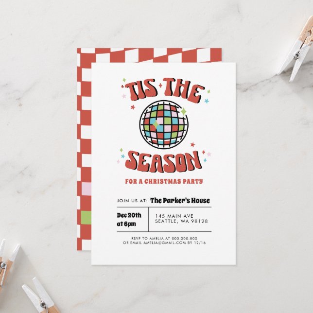 Colourful Groovy Retro Disco Christmas Party Invitation (Front/Back In Situ)