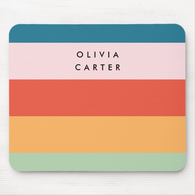 Colourful Groovy Retro Horizontal Stripe Name Mouse Mat (Front)