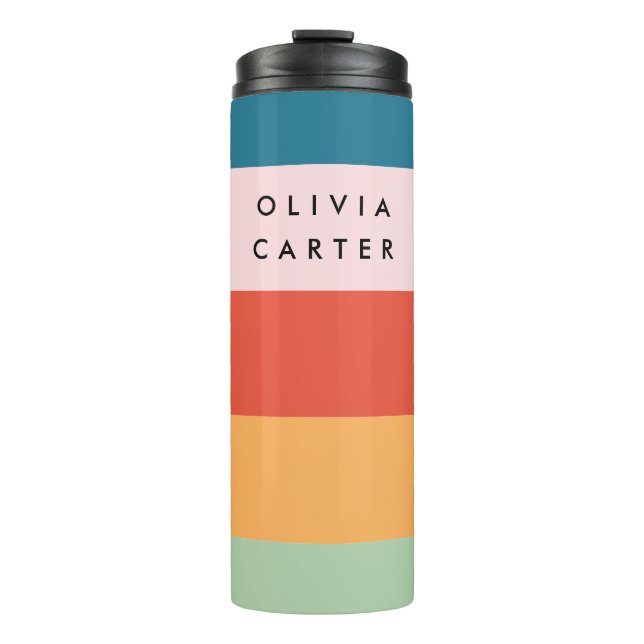 Colourful Groovy Retro Horizontal Stripe Name Thermal Tumbler (Front)
