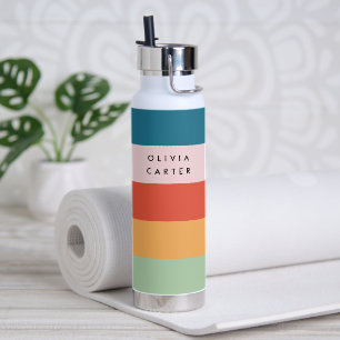 Colourful Groovy Retro Horizontal Stripe Name Water Bottle