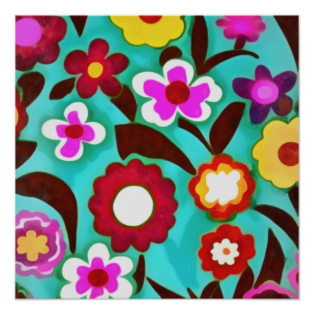 Colourful Groovy Seventies Floral Abstract  Poster (Front)