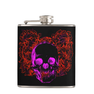 Colourful grunge style skull with floral hip flask