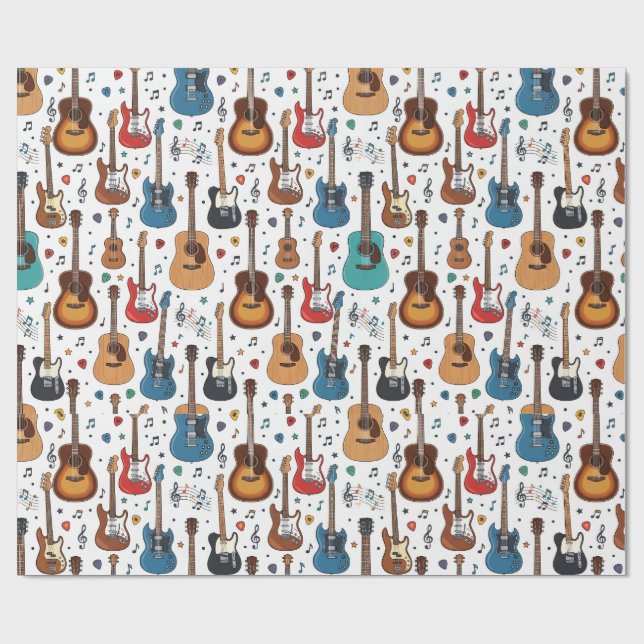 Colourful Guitar and Music Pattern Wrapping Paper (Flat)