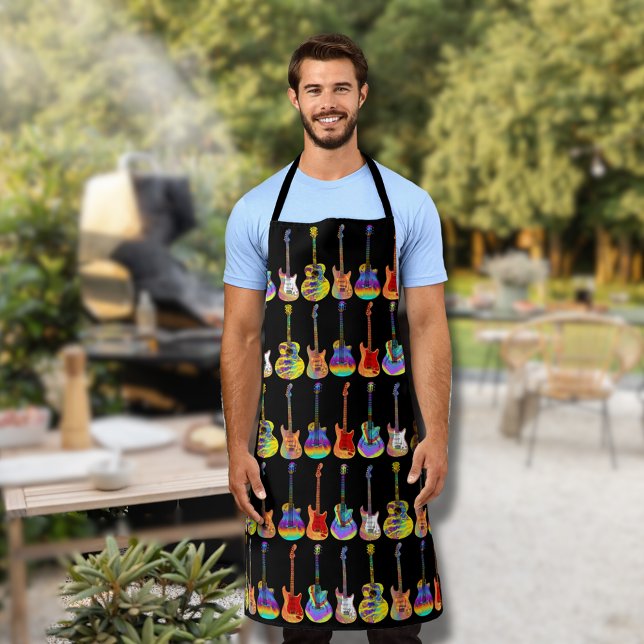 Colourful Guitar Pattern Apron (Colorful guitar pattern on black guitarist apron)
