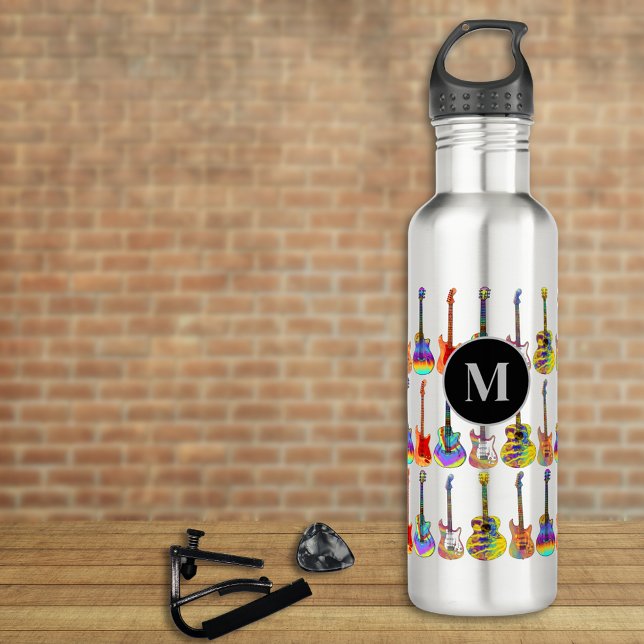 Colourful Guitar Pattern Monogram 710 Ml Water Bottle (Funky psychedelic Guitar pattern personalized monogram water bottle for guitarists musicians )