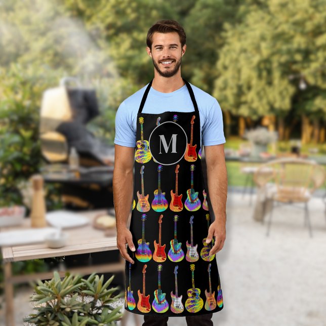 Colourful Guitar Pattern Monogram Apron (Funky colorful guitar pattern monogram apron for him personalize for a guitar player or musician )