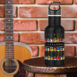 colourful guitar Pattern on Black add Name 532 Ml Water Bottle<br><div class="desc">Funky electric guitars, acoustic guitars and semi acoustic guitars pattern on black personalised monogram name water bottle in vibrant pop art bright colours. An idea gift for music teachers, guitarists, musicians and music students. Easy to customise using the monogram initial and name template. This fun colourful guitar design celebrates the...</div>