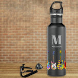 Colourful Guitar Pattern on Black add Name 710 Ml Water Bottle<br><div class="desc">Funky electric guitars, acoustic guitars and semi acoustic guitars pattern on black personalised monogram water bottle in vibrant pop art bright colours. An idea gift for music teachers, guitarists, musicians and music students. Easy to customise using the monogram initial and name template. This fun colourful guitar design celebrates the energy...</div>