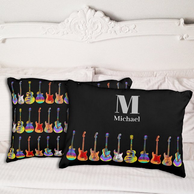 Colourful Guitar Pattern on Black add Name Pillowcase (Colorful guitar pattern on black with name and monogram pillow case for guitarist musician gift)