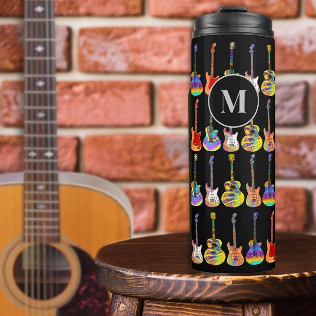 Colourful Guitar Pattern on Black Monogram Thermal Tumbler (Funky guitar pattern on black personalized monogram colorful psychedelic pop art for guitarists )