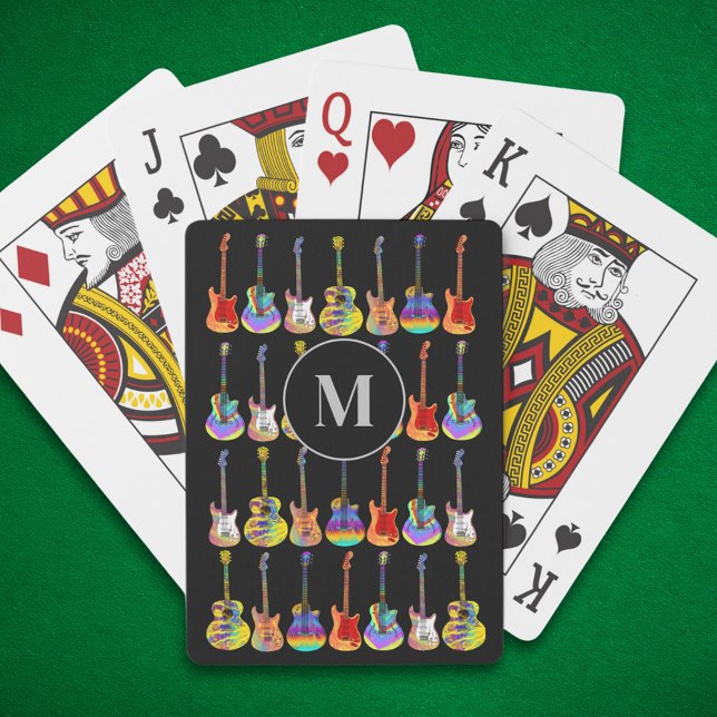 colourful guitar pattern personalised  playing cards (Colorful guitar pattern monogram black player cards for guitarist musicians music lovers)