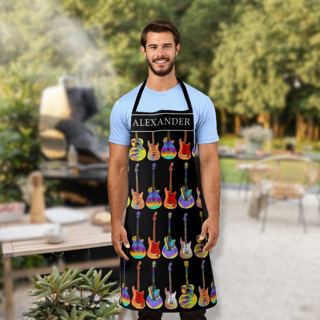 colourful guitar player personalised  apron (Funky guitar pattern personalized apron for him rockstar dad, boyfriend, husband, brother or friend)
