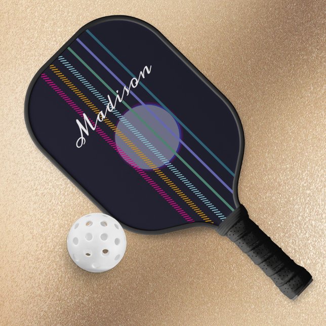 Colourful Guitar Strings Sleek Modern Monogrammed Pickleball Paddle (A personalized pickleball paddle in deep navy blue with a colorful guitar strings design)