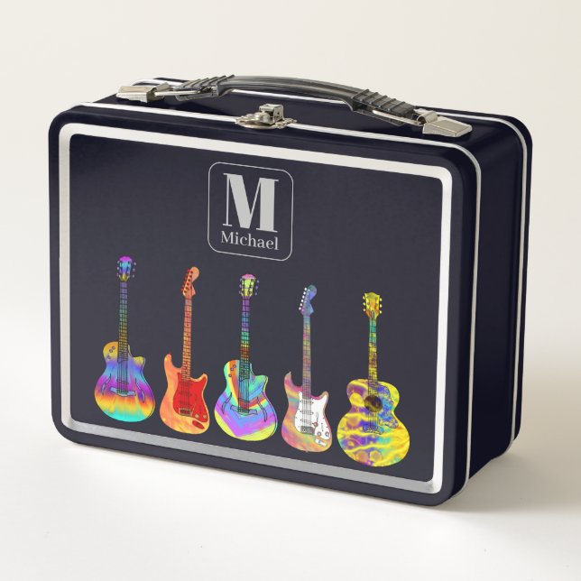 Colourful Guitars Monogram Black Metal Lunch Box (Front)
