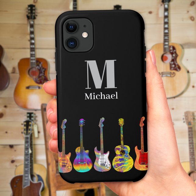 Colourful Guitars Monogram Case-Mate iPhone Case (Cool monogram colorful guitars black phone case)