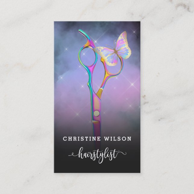 colourful hair stylist scissors butterfly business card (Front)