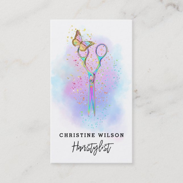 colourful hairdresser scissors and butterfly business card (Front)