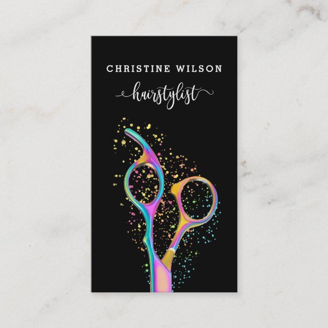 •colourful hairdresser scissors logo on black business card (Front)