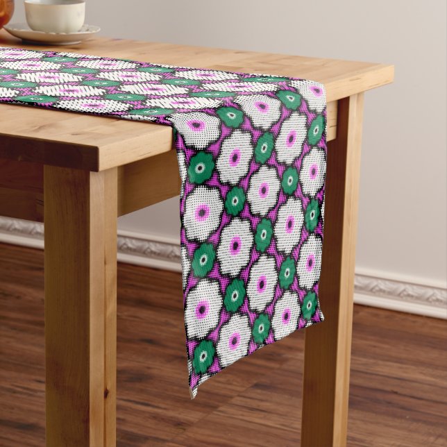 Colourful halftone flowers - pink and green long table runner (In Situ)