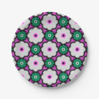 Colourful halftone flowers - pink and green paper plate