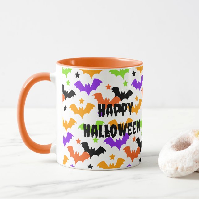 Colourful Halloween Bats Mug (With Donut)