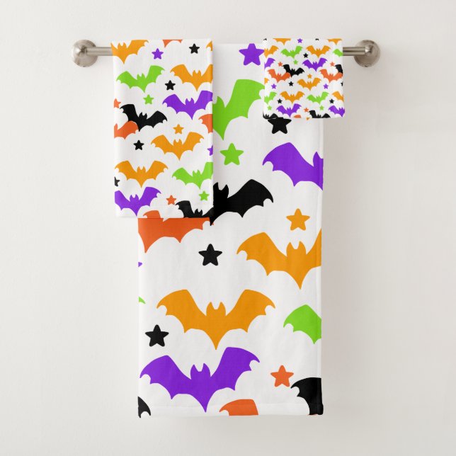 Colourful Halloween Bats Shower Curtain Bath Towel Set (Insitu)
