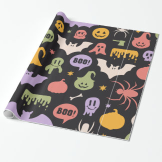 Colourful Halloween Black Background Trick or Trea Wrapping Paper
