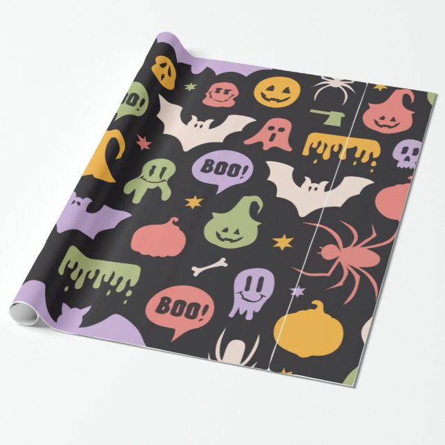 Colourful Halloween Black Background Trick or Trea Wrapping Paper (Unrolled)